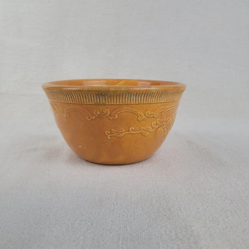 Homer Laughlin Oven Serve Yellow Ware Mixing Bowl Floral Embossed Vintage 6 inch